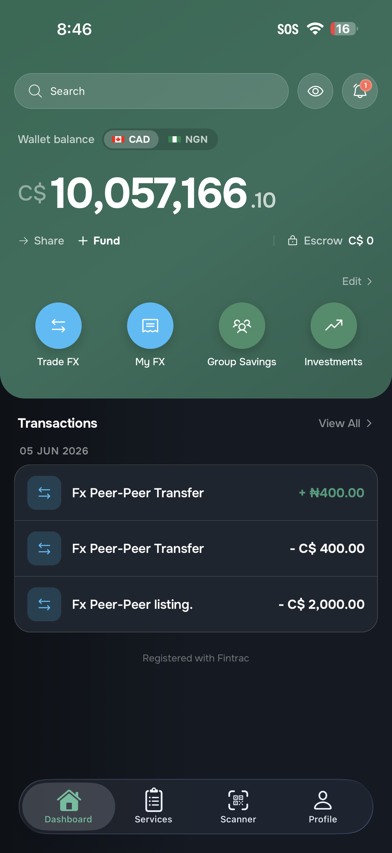 Plural multi-currency dashboard showing CAD and NGN balances