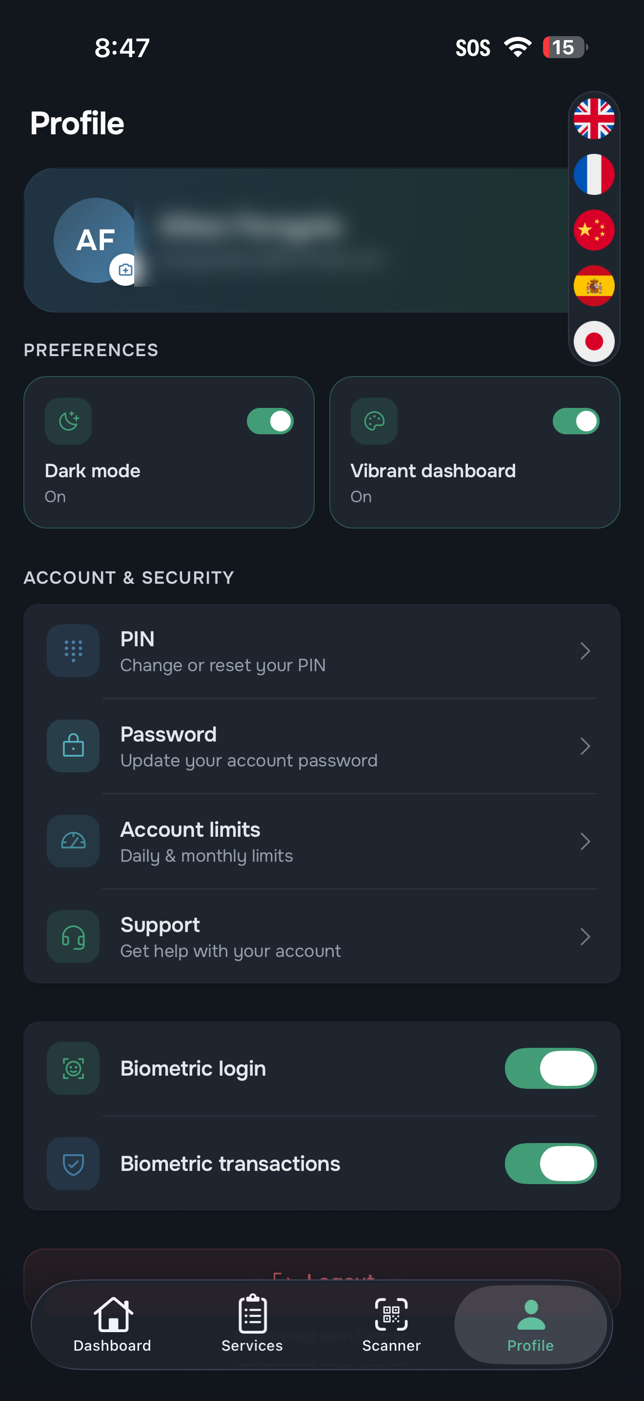 Plural profile screen with dark mode, dashboard settings and language selector